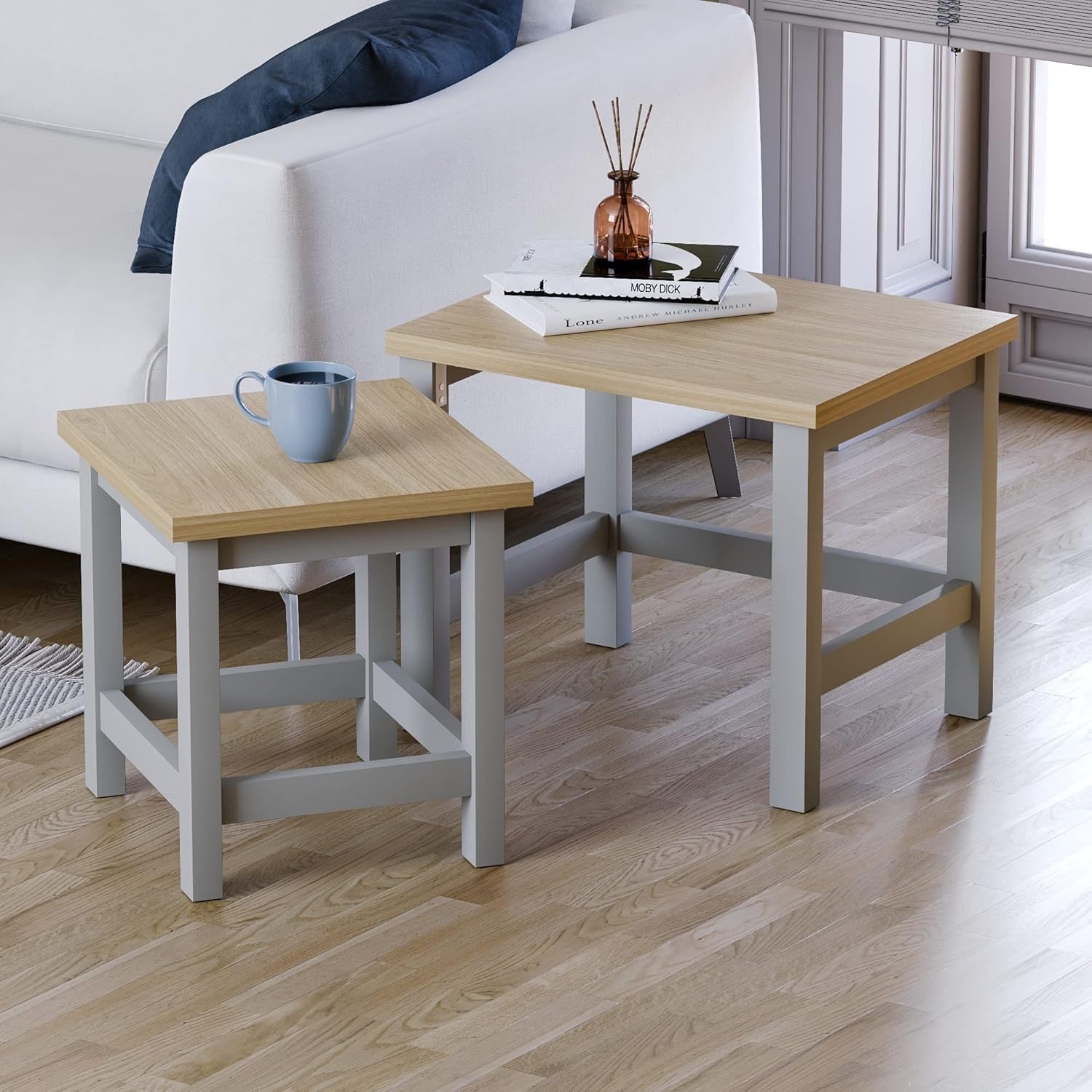 Space Saving Nest of Tables Grey Oak Modern Living Room Coffee End Side Set