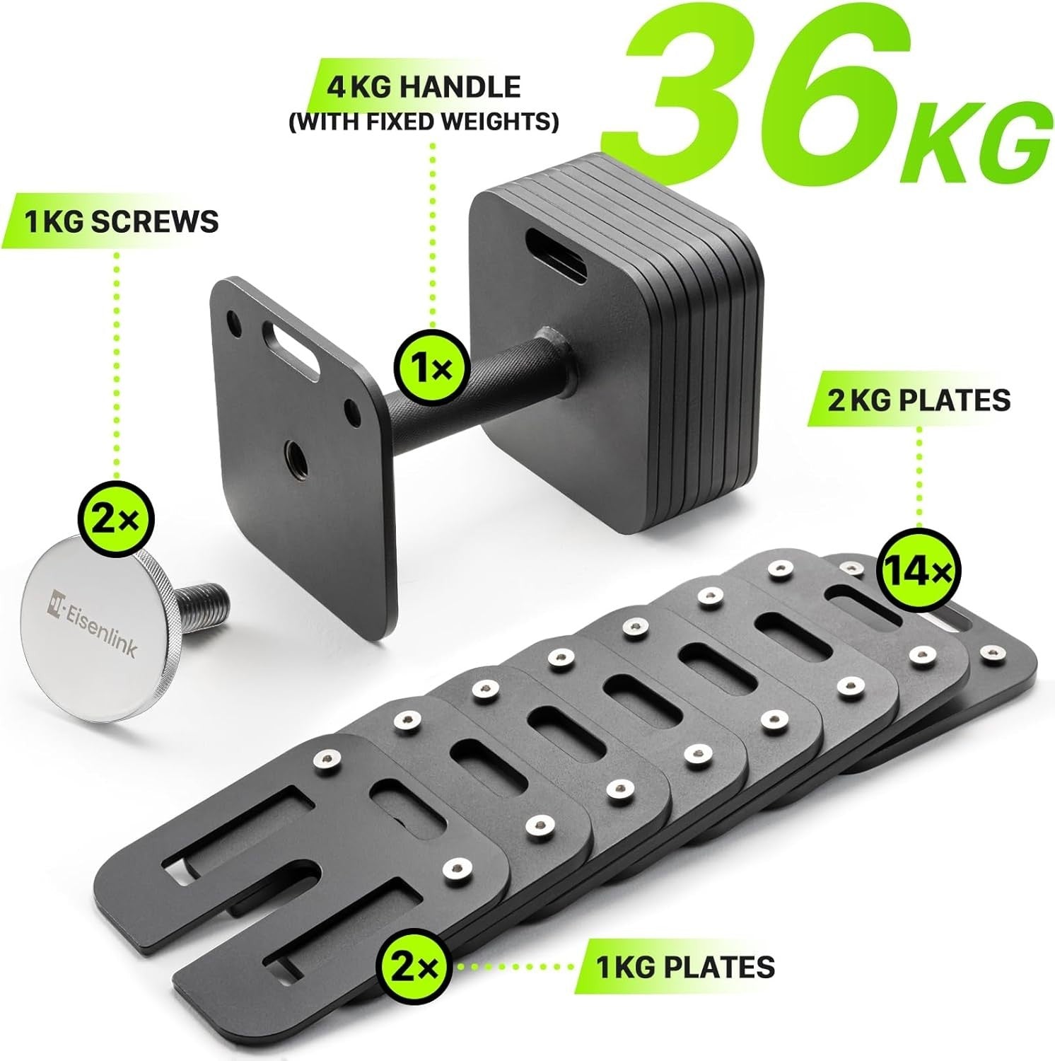 36kg Adjustable Dumbbell Single 2kg Increments Alloy Steel Safe Lock Gym