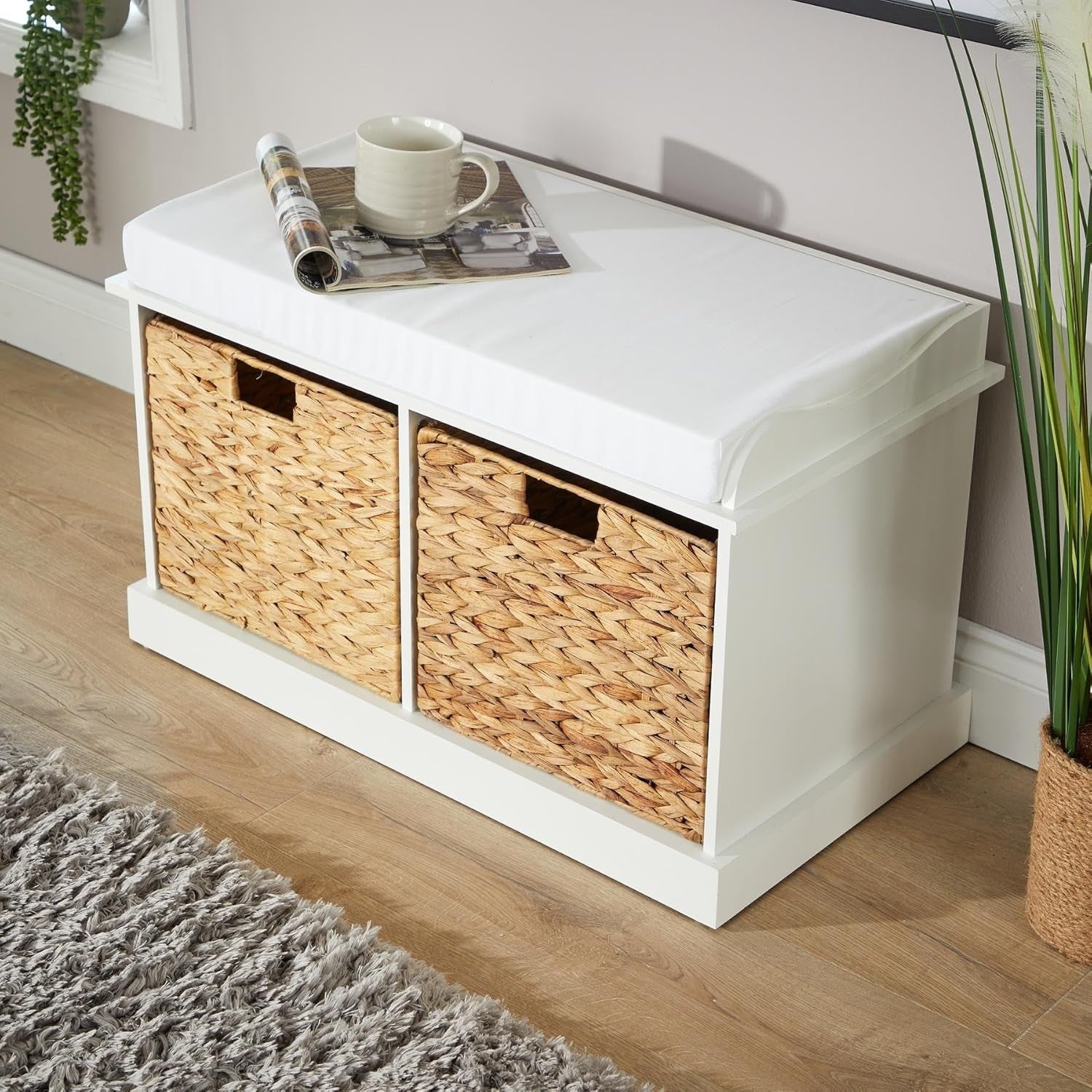 White Shoe Bench with Cushion & 2 Basket Drawers Hallway Storage 75x40x46cm