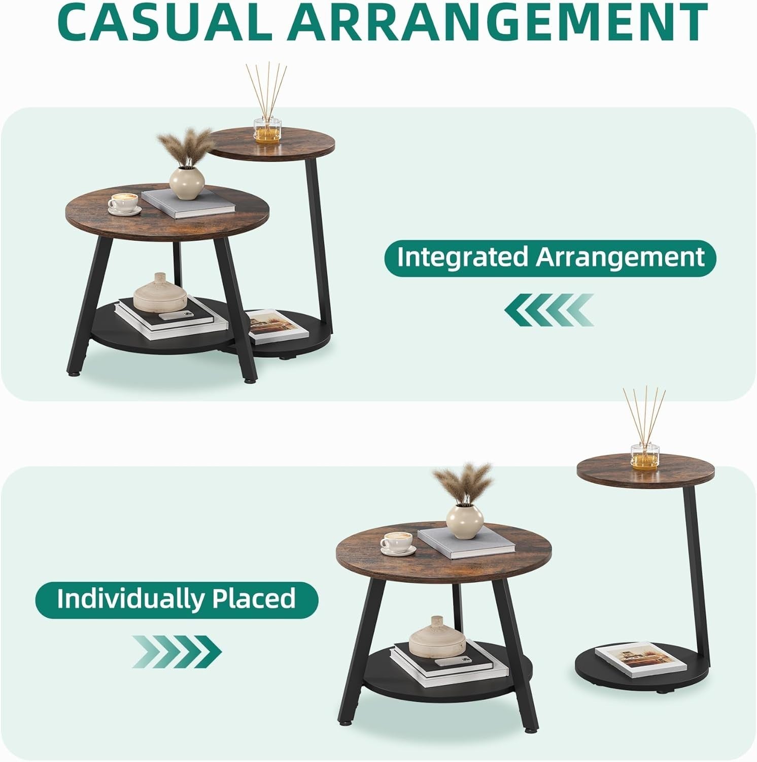 Nesting Coffee Table Set 2 Rustic Brown Round Side End Tables Storage