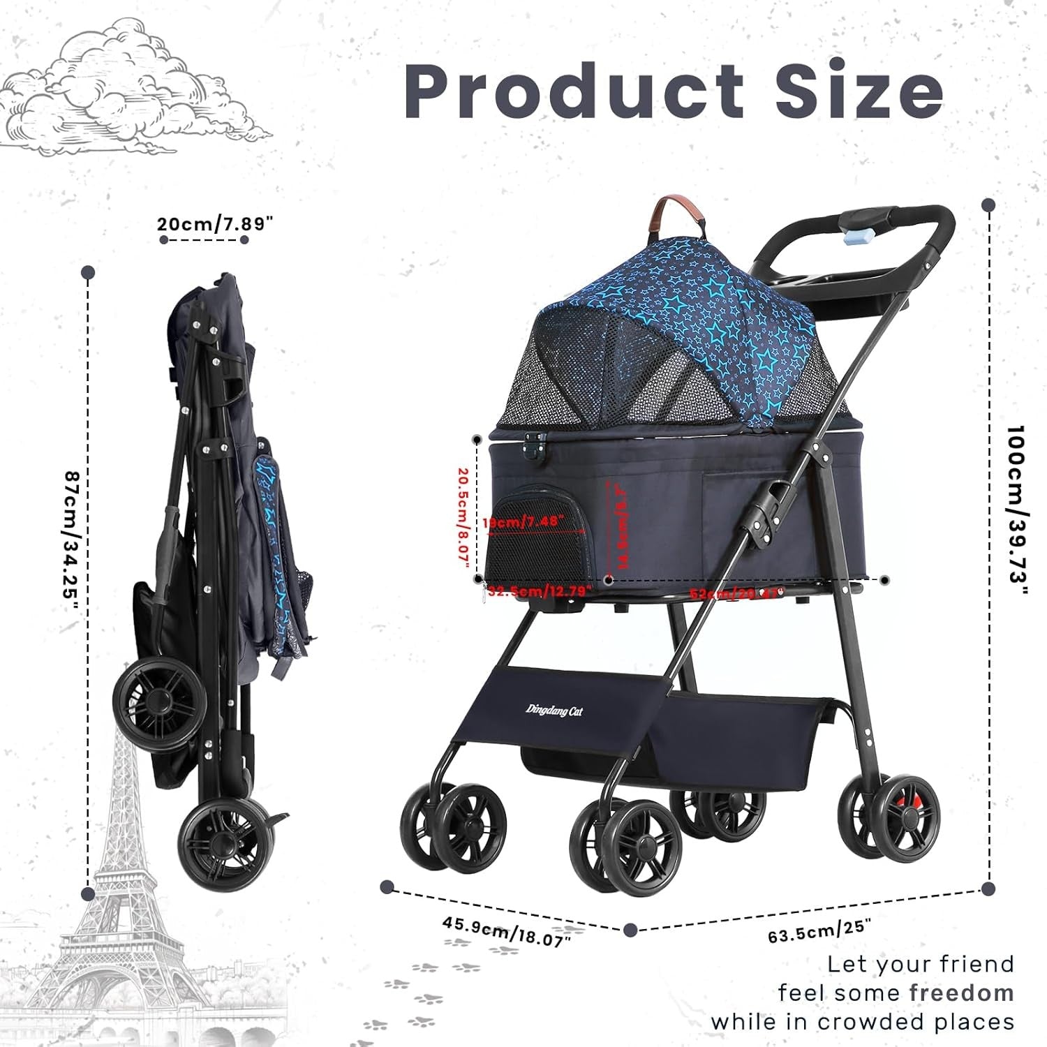 Pet Stroller Foldable Dog Cat Pram Safety Belt Storage Basket Cup Holder