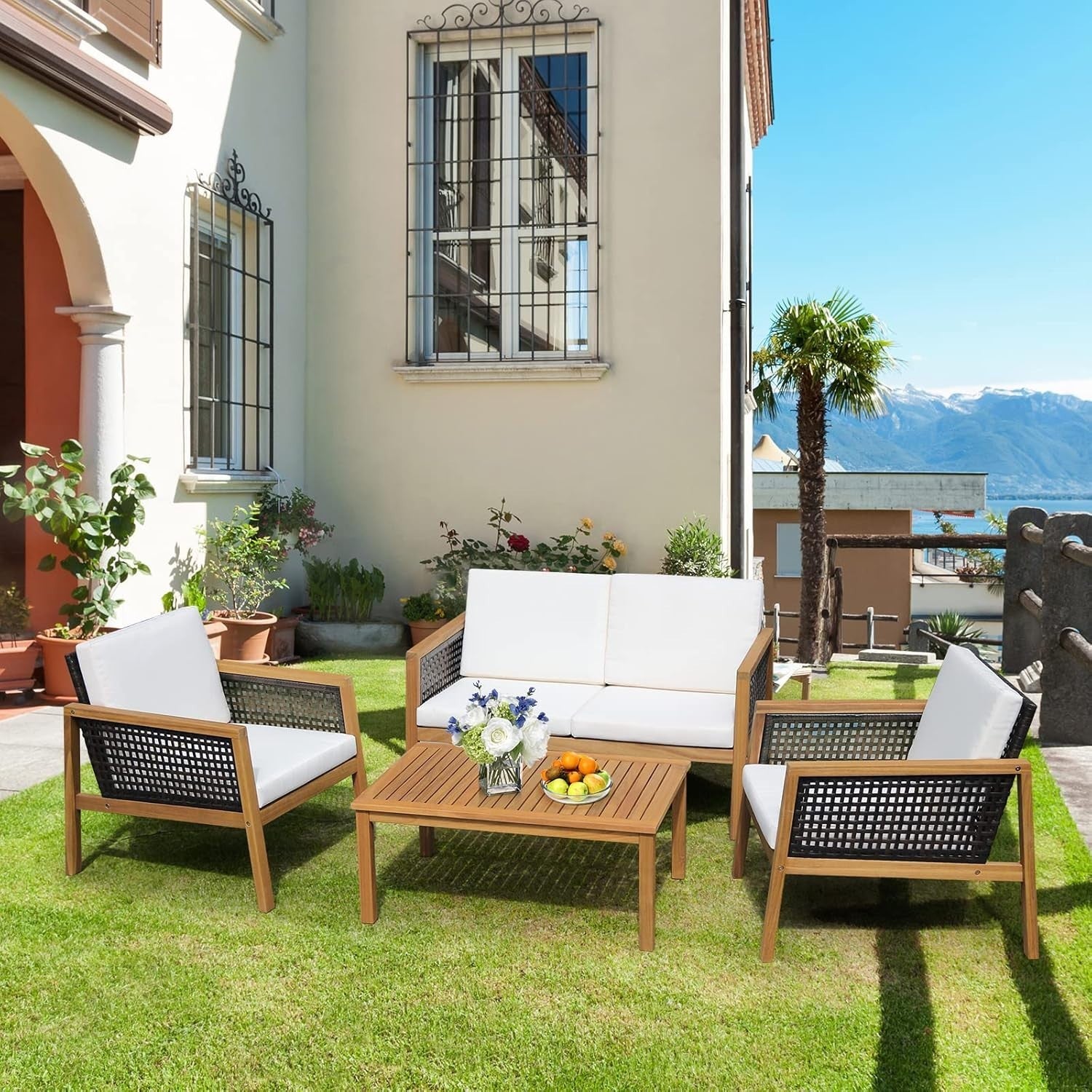 4PC Rattan Garden Sofa Set Outdoor Patio Furniture Acacia Wood