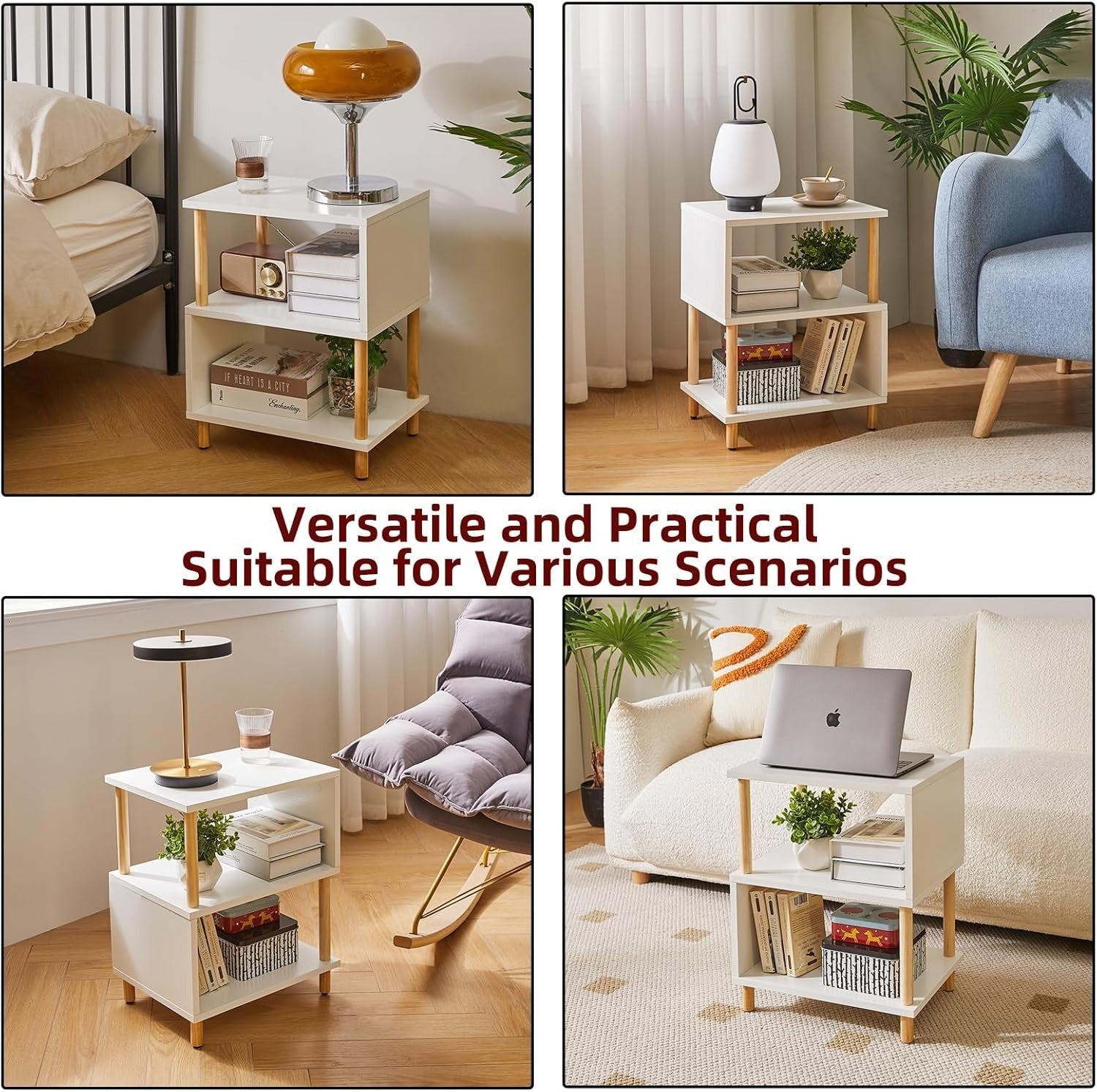 Modern White S-Shaped Side Table with Storage Shelves & Natural Wood Legs