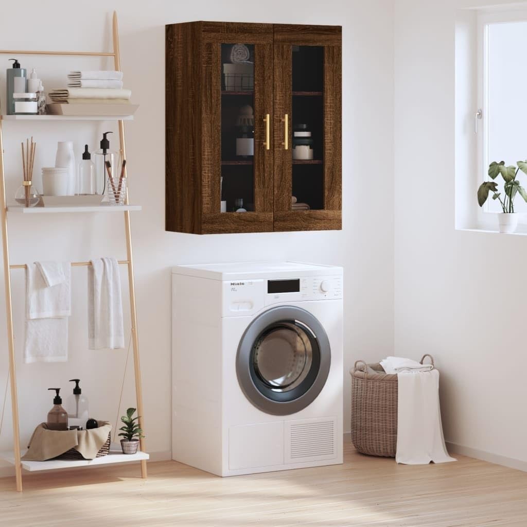 Modern Brown Oak Wall Mounted Storage Cabinet with Glass & Gold Handles