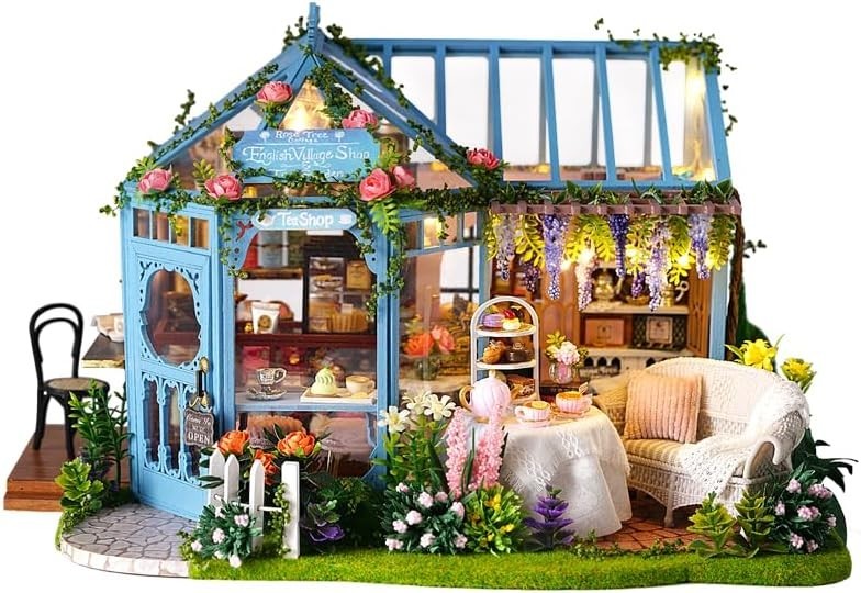 DIY Book Nook Kit Rose Garden Tea House LED Miniature Bookend Decor