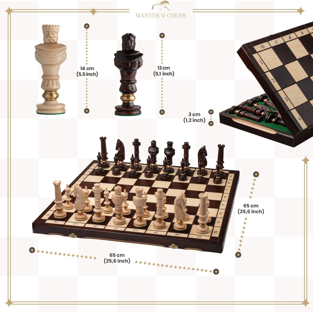 Luxury 65cm Wooden Chess Set • Hand-Carved Pieces • Foldable Board • Deluxe Gift