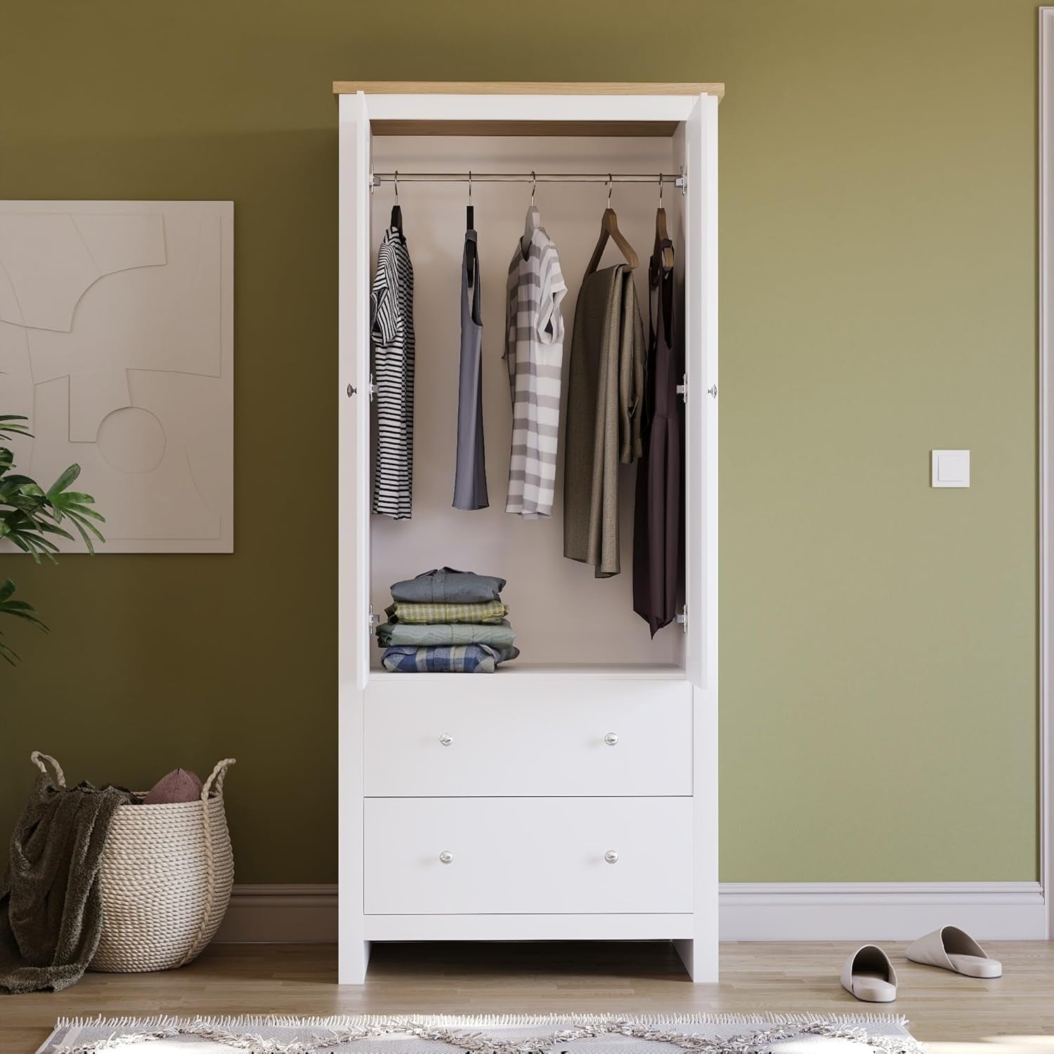 White 2 Door Wardrobe with Drawers Bedroom Storage Cabinet Clothes Rail