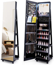 Black LED Jewelry Cabinet Mirror Lockable Rolling Storage Organizer