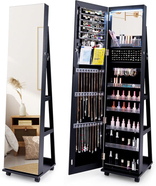 Black LED Jewelry Cabinet Mirror Lockable Rolling Storage Organizer
