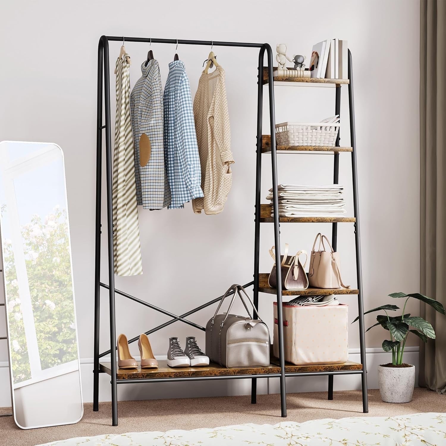 Industrial Coat Rack with Shoe Storage & 5 Shelves – Sturdy Hall Tree 160cm