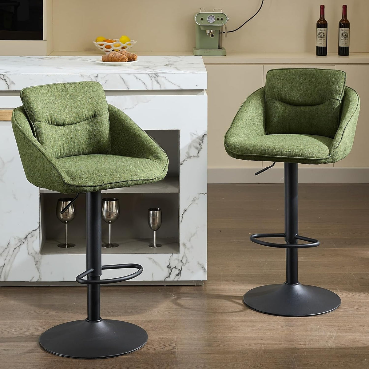 Adjustable Green Swivel Bar Stools Set of 2 | Linen Seat, Metal Base