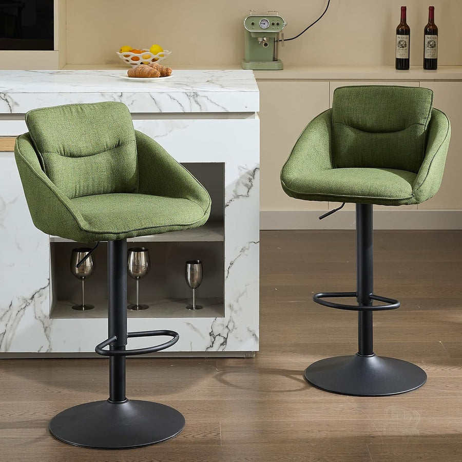 Adjustable Green Swivel Bar Stools Set of 2 | Linen Seat, Metal Base