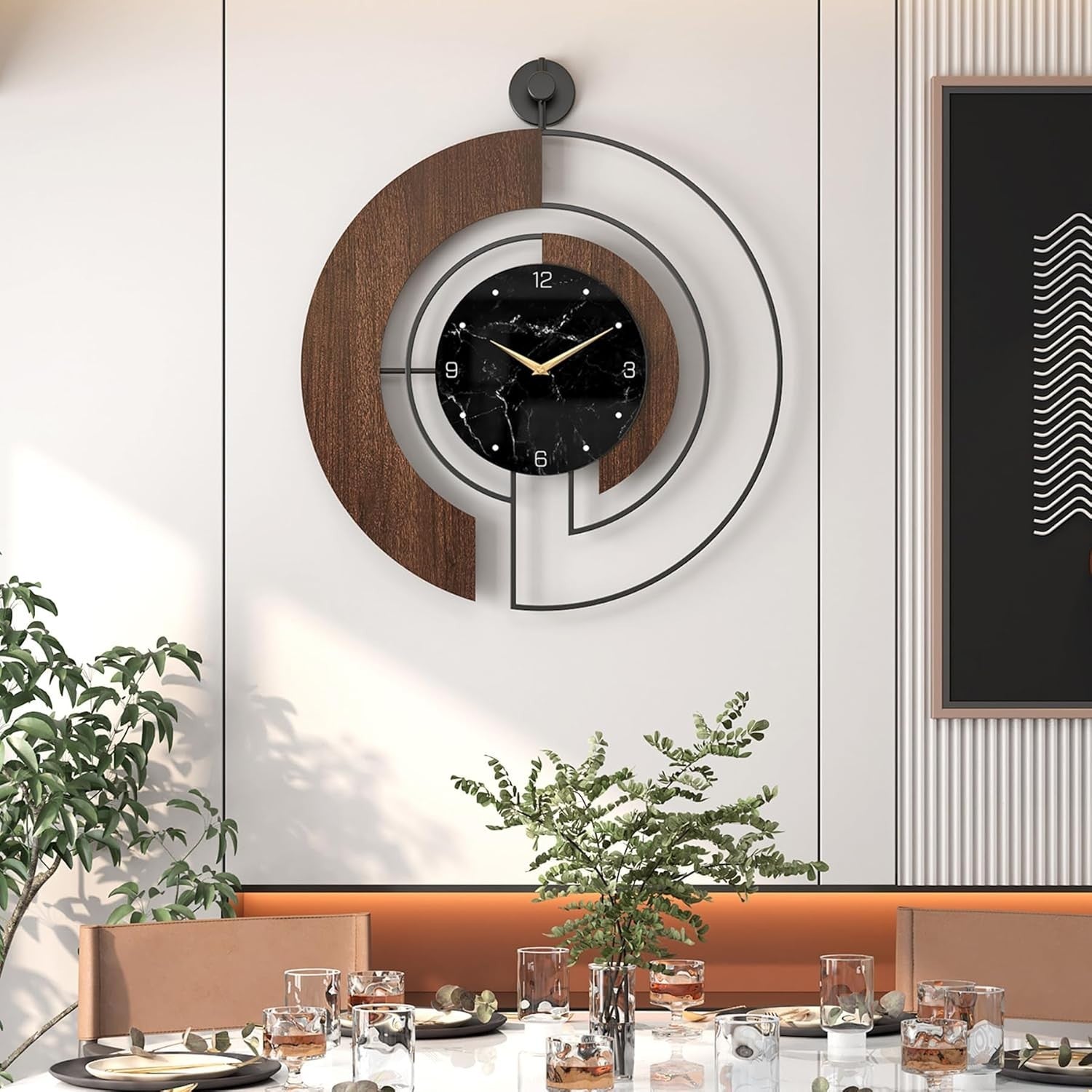 Silent Modern Walnut Wall Clock Marble Dial Large 70cm Round Home Decor