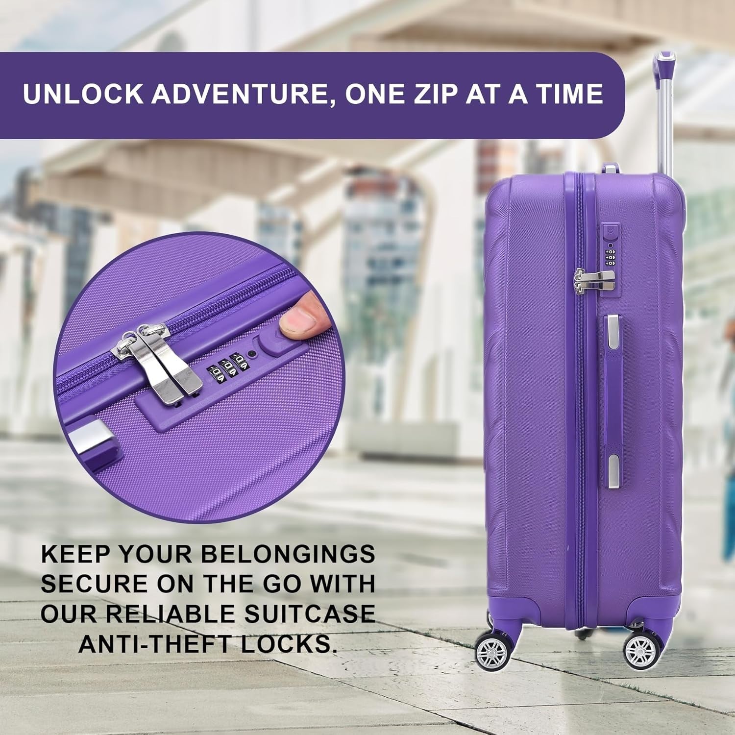 20 Inch Cabin Carry On Hard Shell Suitcase 4 Spinner Wheels Lock Purple