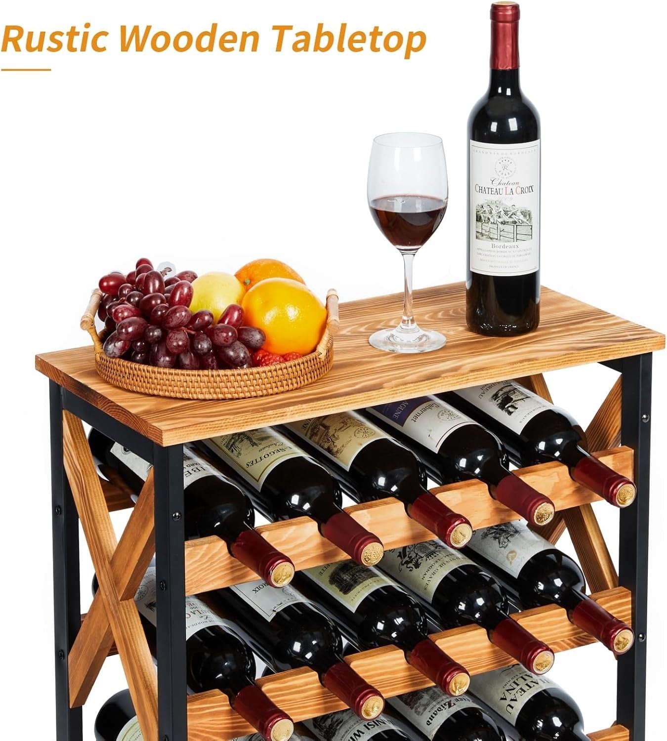 25 Bottle Wine Rack 5 Tier Rustic Floor Standing Storage Shelf with Wood Top Bar