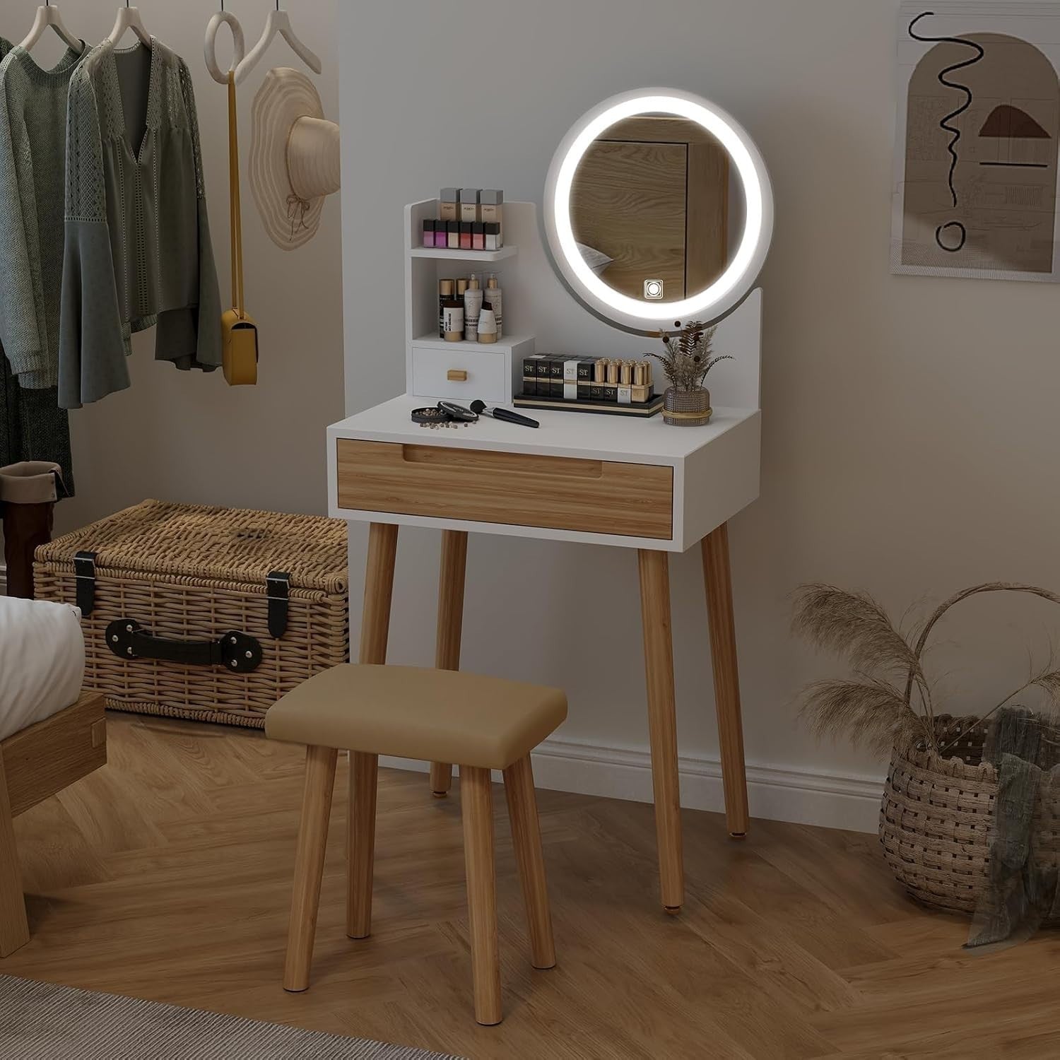 Small Space Vanity Desk Dressing Table Mirror 3-Light Modes Drawer Stool Wood