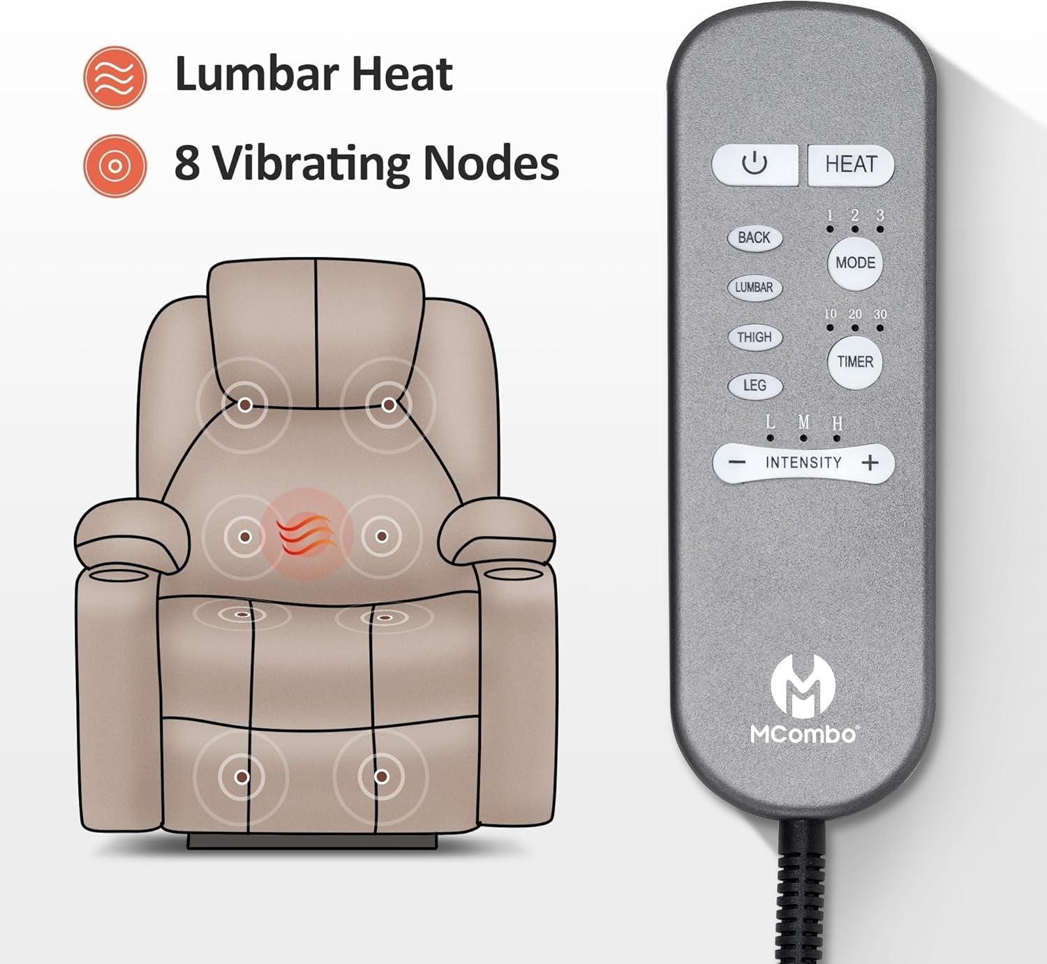 Grey Riser Recliner Chair Lift Assist Heated Massage USB Faux Leather
