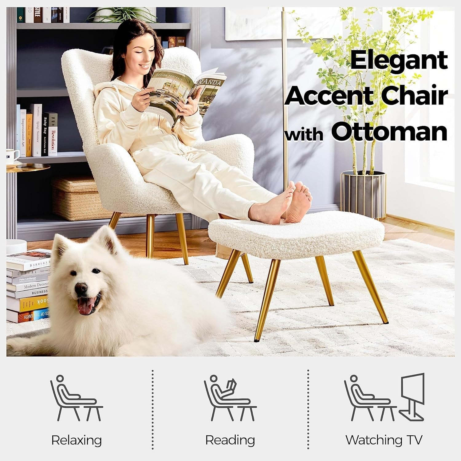 Sherpa Fuzzy Tub Chair with Ottoman, High Back Lounge Seat for Living Room