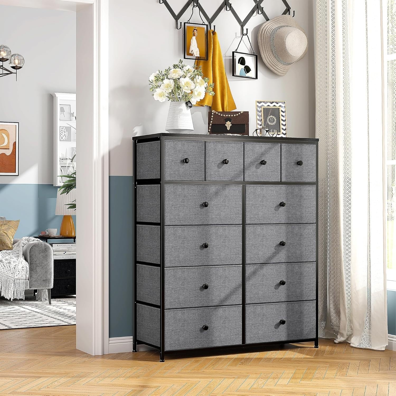 Tall Chest of Drawers Grey 12 Drawer Storage Unit for Bedroom Closet