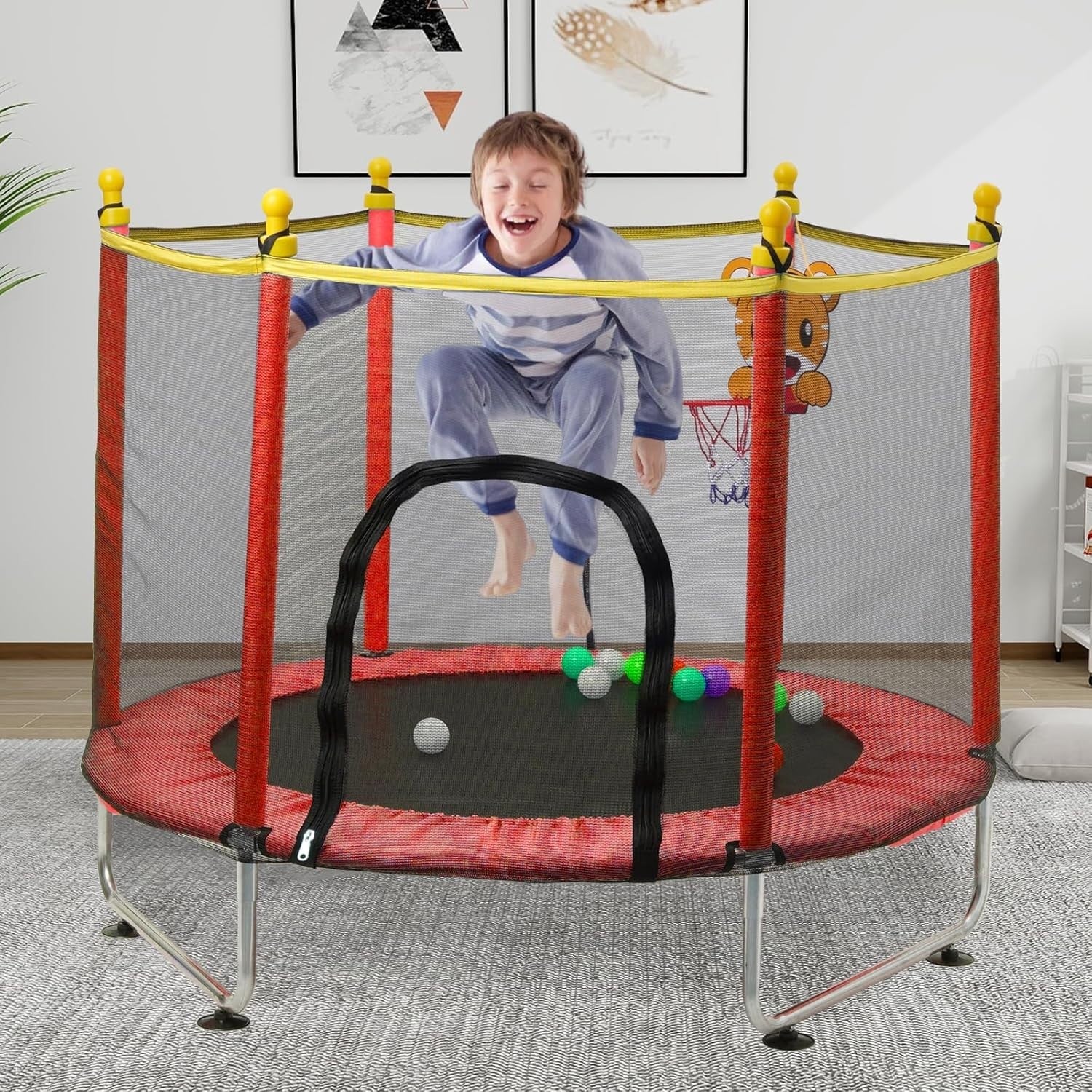 Children’s Indoor Outdoor Trampoline with Safety Net & Basketball Hoop 55in