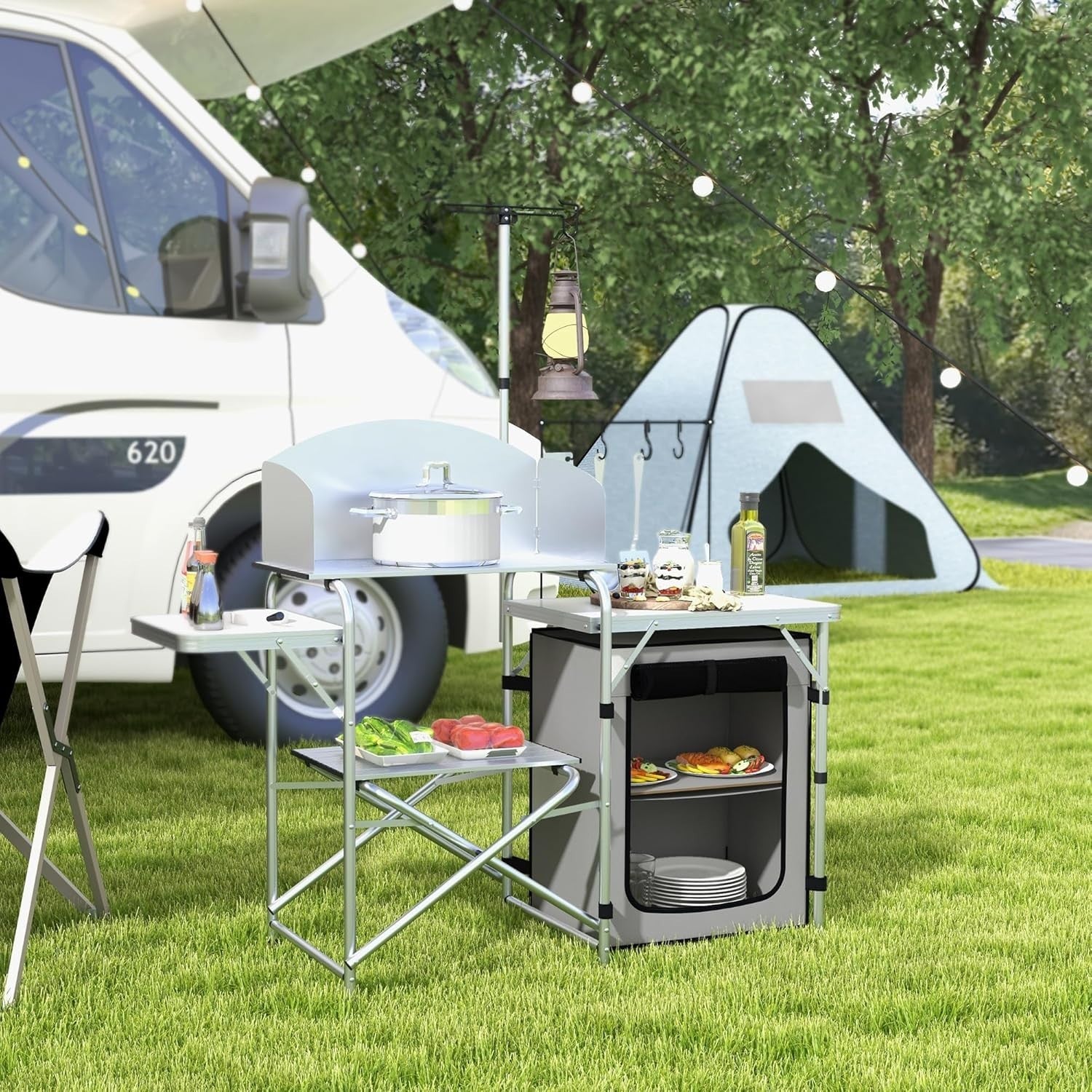 Folding Camping Kitchen Table with Windshield Cupboard Sink BBQ Light