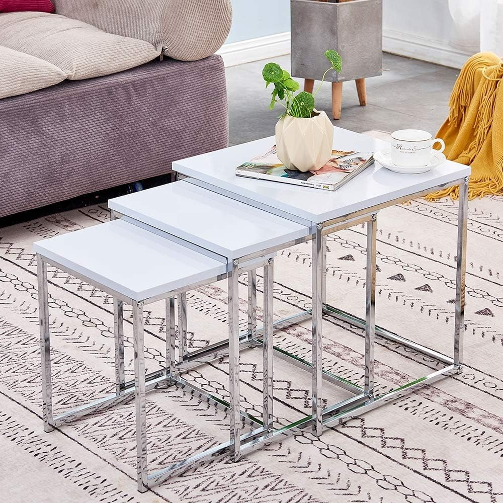 3 Pcs Nesting Coffee Table Set Modern Living Room End Side Tables White Wood