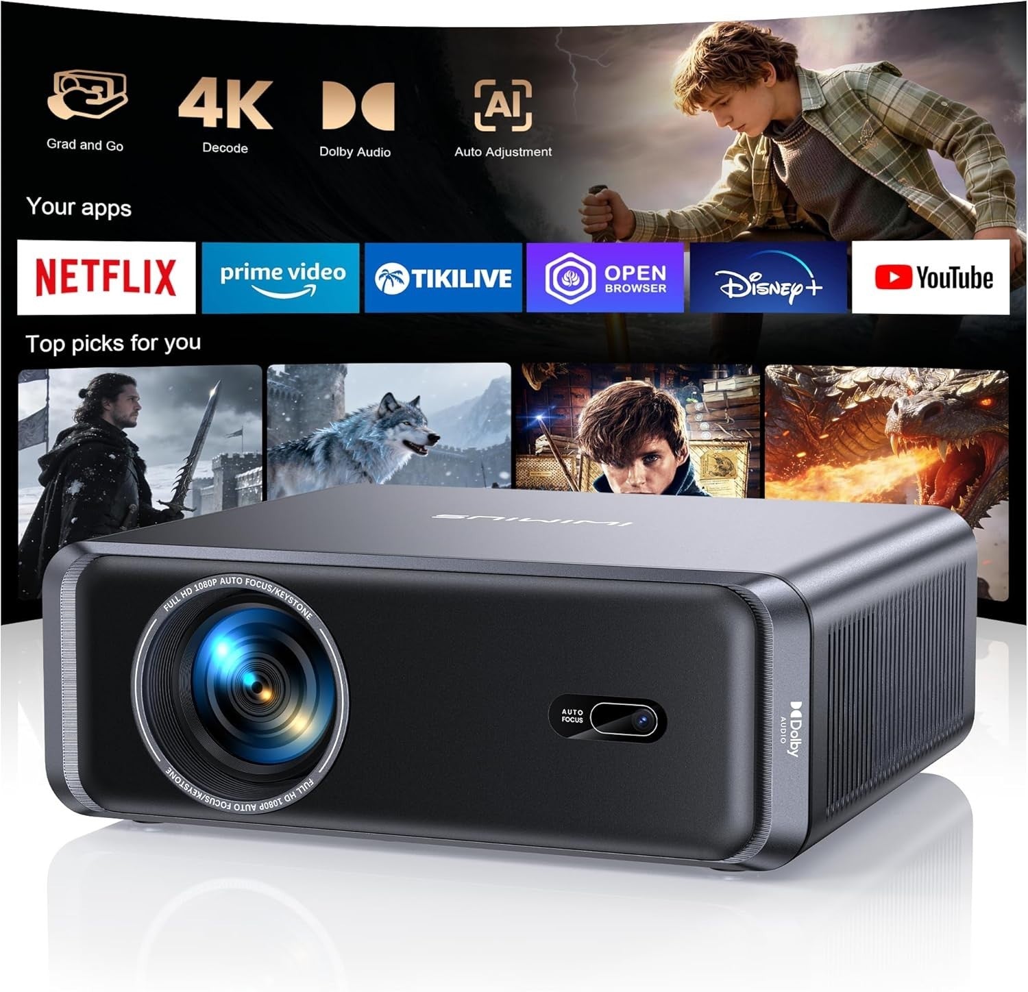 1000ANSI 1080P Smart Projector Netflix WiFi6 Dolby 36000L