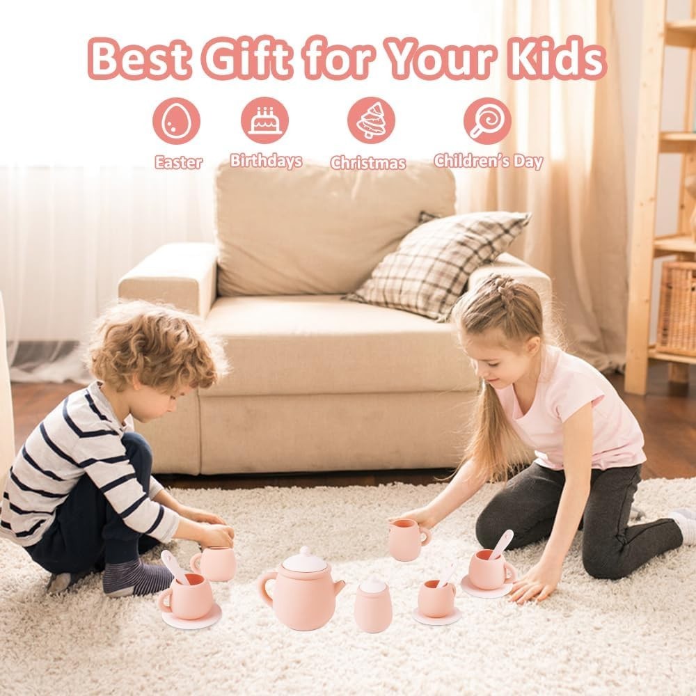 Kids Silicone Tea Set 15PCS Pretend Play Tea Party Toy BPA Free Toddler