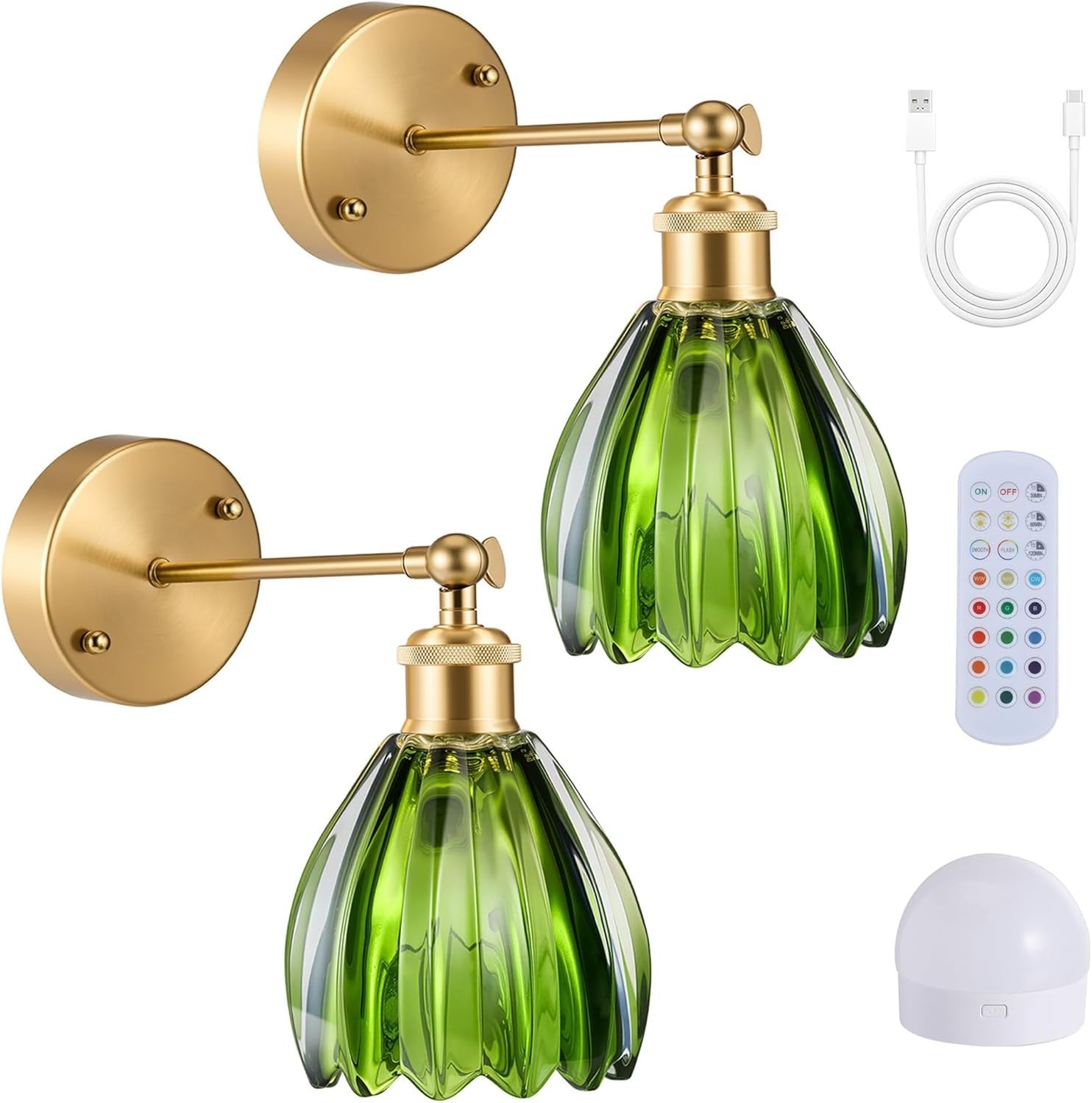 Vintage Wall Sconce Lights Set 2 Green Glass LED Wireless Dimmable Remote