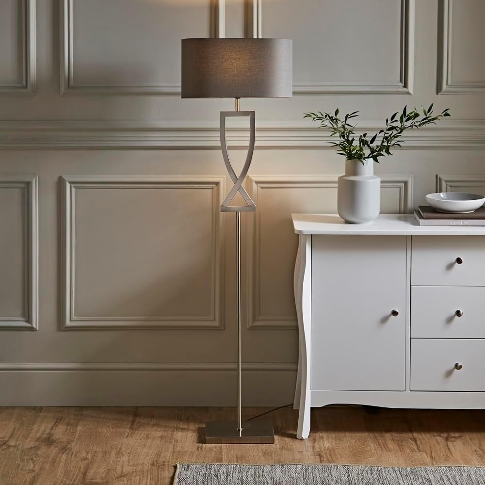 Large Silver Chrome Floor Lamp with Grey Oval Shade & LED Bulb