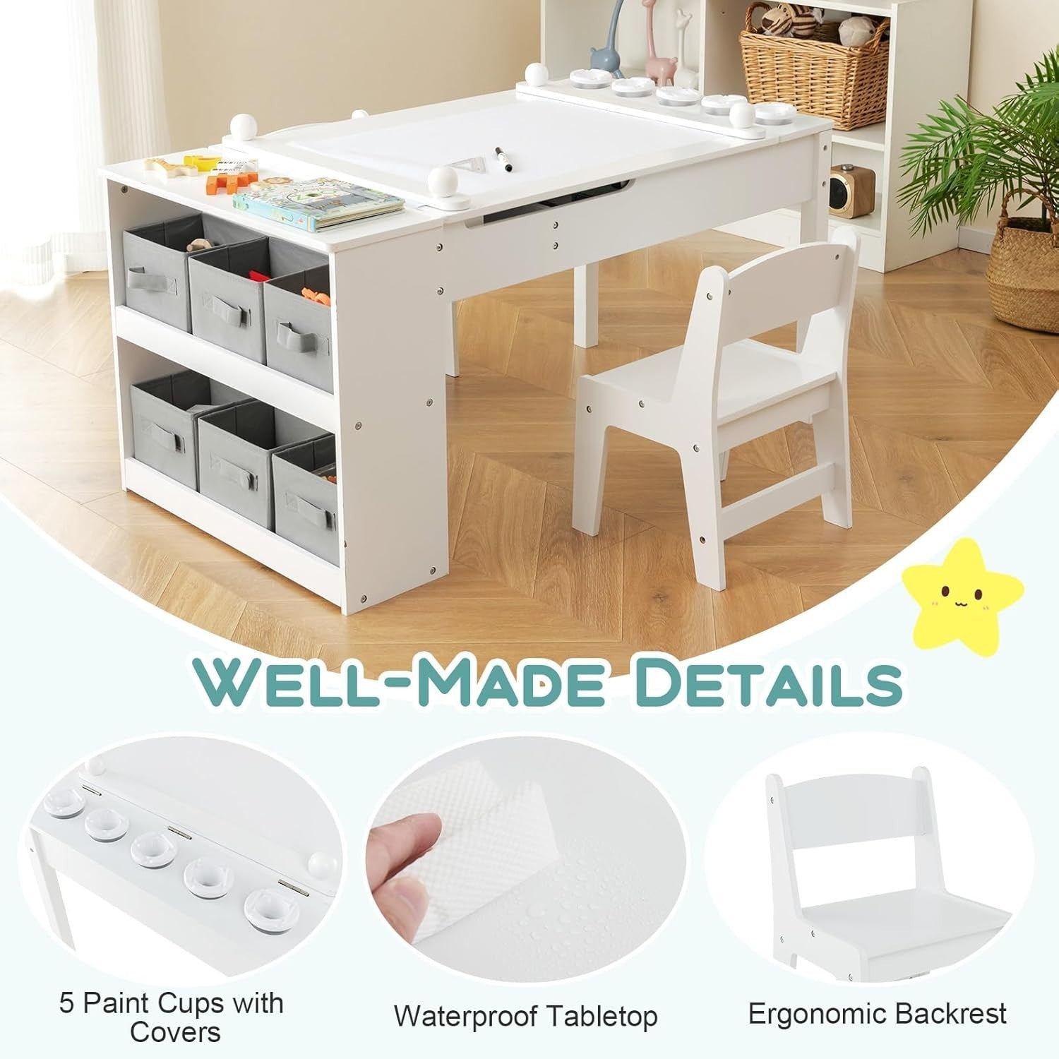 Kids Art Table and Chair Set with Storage Bins & Easel Desk White 5 Cups