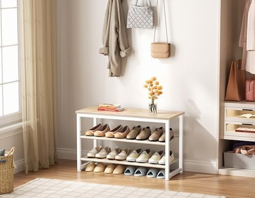 White Oak 3 Tier Shoe Rack Bench with Wooden Seat Metal Frame Storage 75x29x46cm