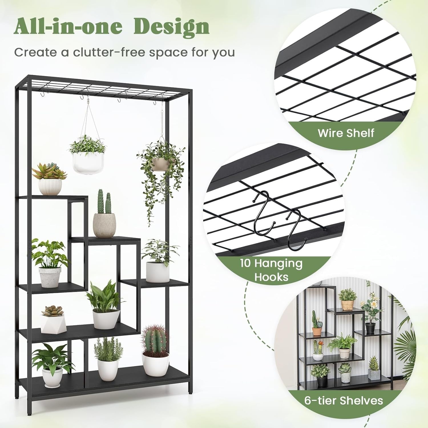 6-Tier Metal Plant Stand 180cm Tall Indoor Flower Shelf with Hooks & Wire Rack