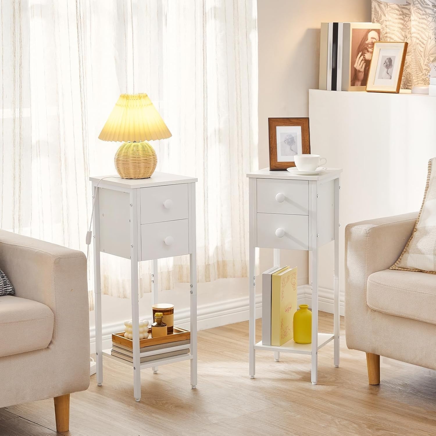 Set of 2 Slim White Bedside Tables with Drawer & Shelf – Narrow Tall Side Tables