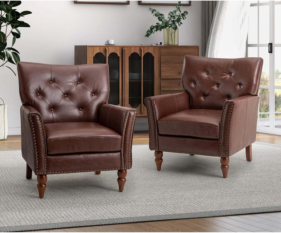 2x Brown Faux Leather Tufted Armchairs Vintage Nailhead Lounge Reading Set