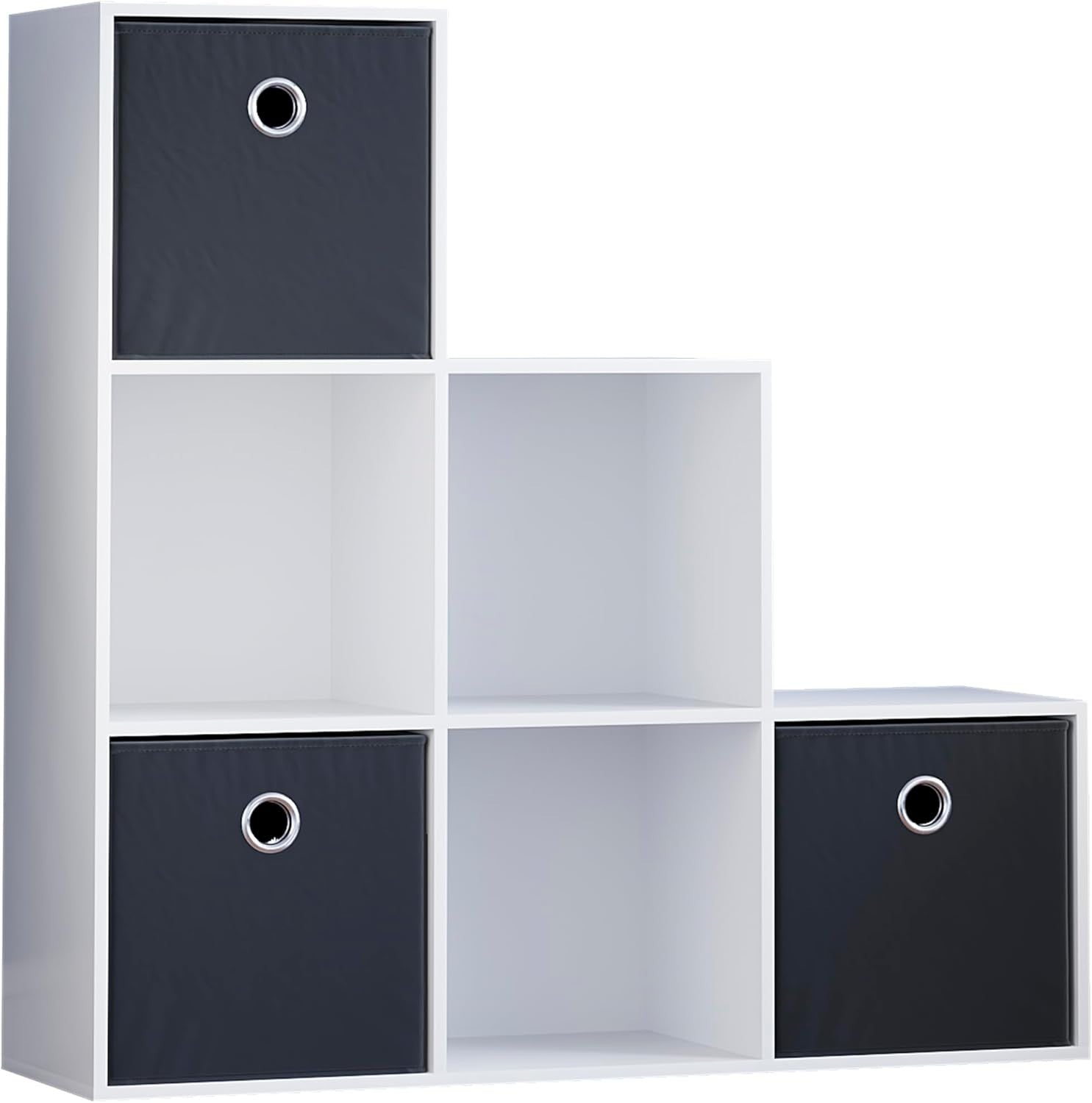 6 Cube White Staircase Storage Bookcase with 3 Black Baskets – Modern Organizer