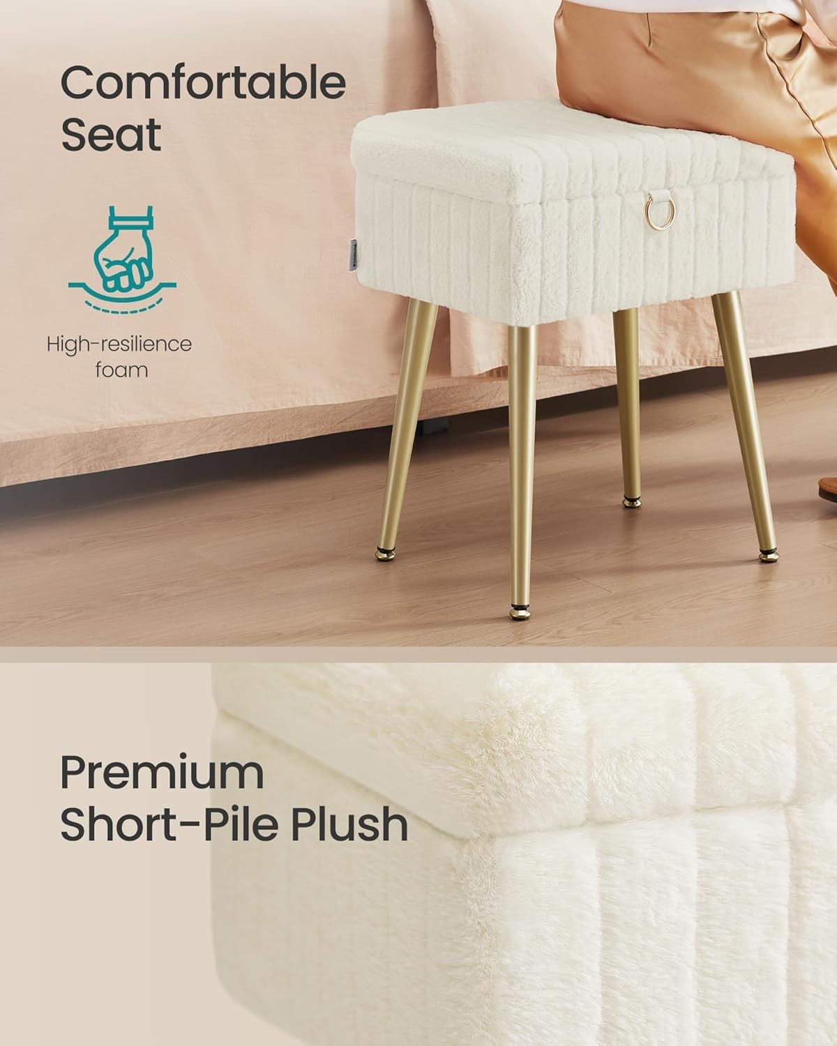 Cream White Vanity Stool with Storage Plush Seat Ottoman Rectangular Chair