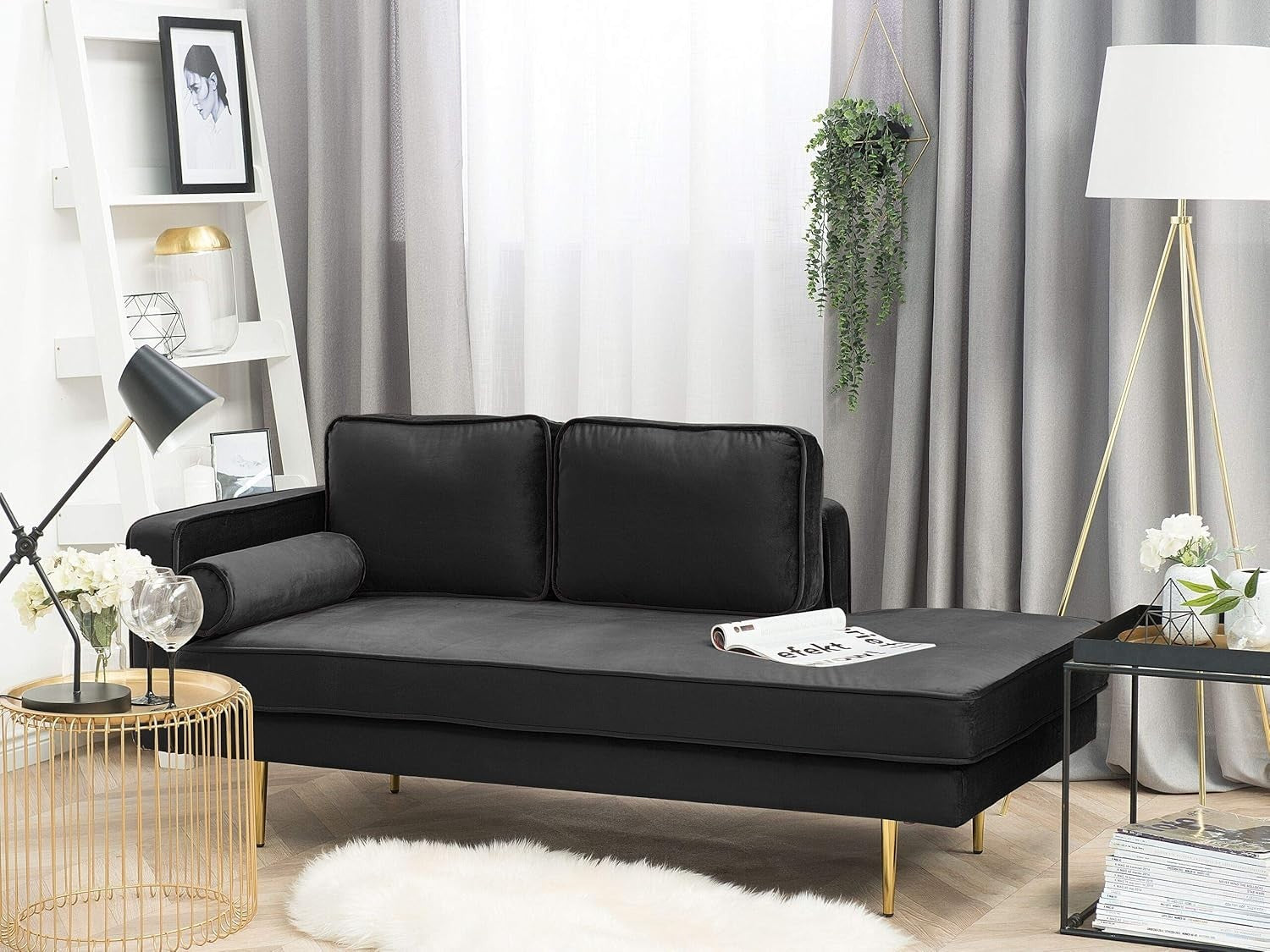 Black Velvet Chaise Lounge Sofa | Gold Legs, Cushions, Glam Modern Design