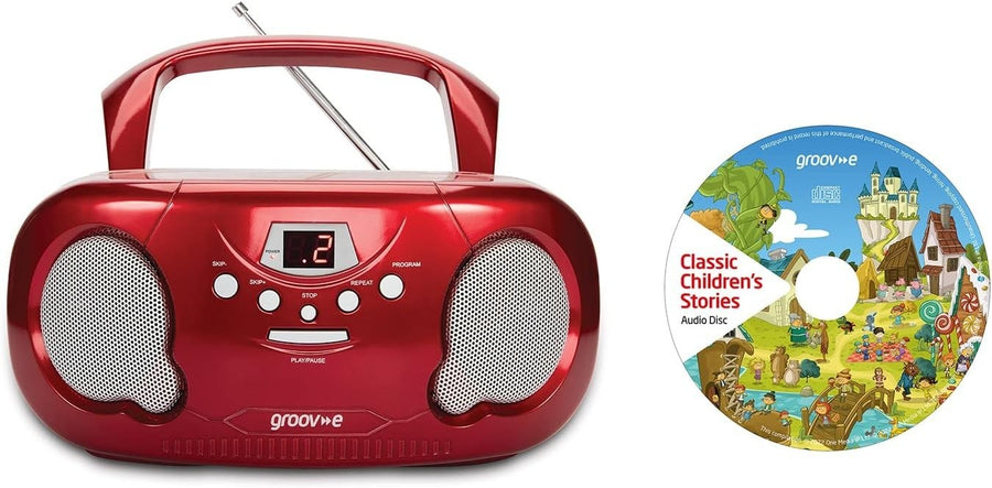 Portable Boombox CD Player Radio AUX Headphone Kids Story CD Bundle Red