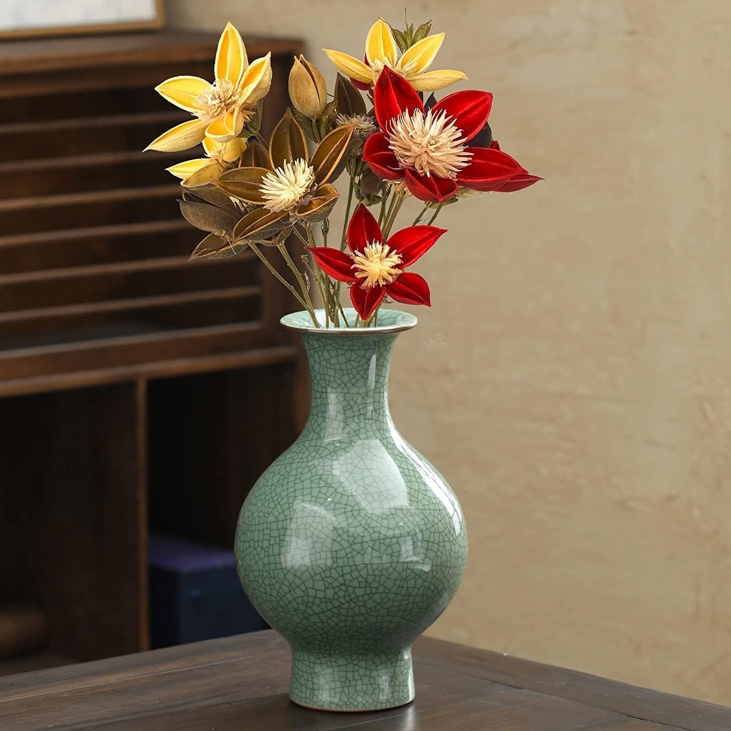 Chinese Ceramic Crackle Glaze Vase Green Antique Style Home Decor 28.5cm