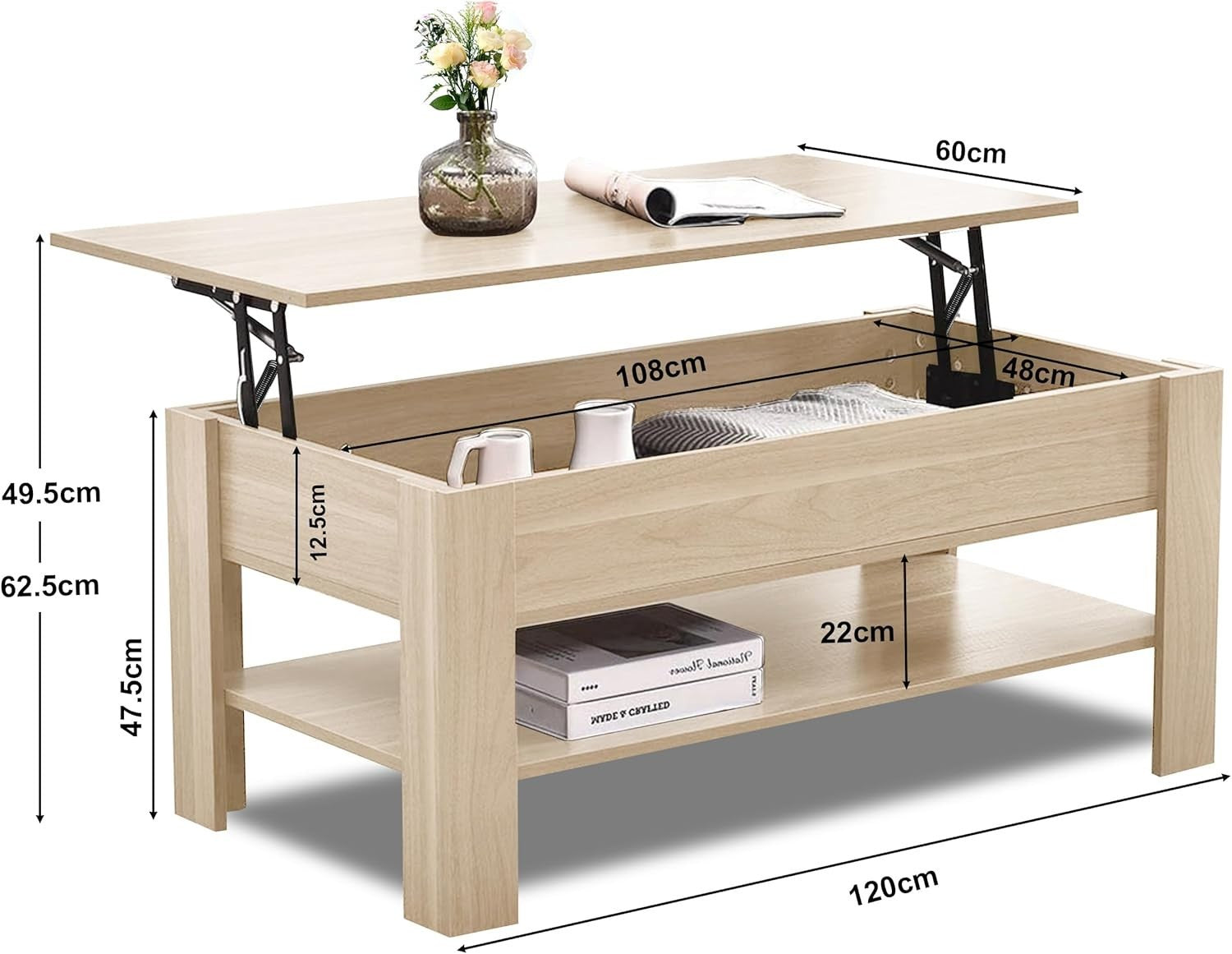 Lift Top Coffee Table with Storage Large Hidden Compartment Oak 120x60cm