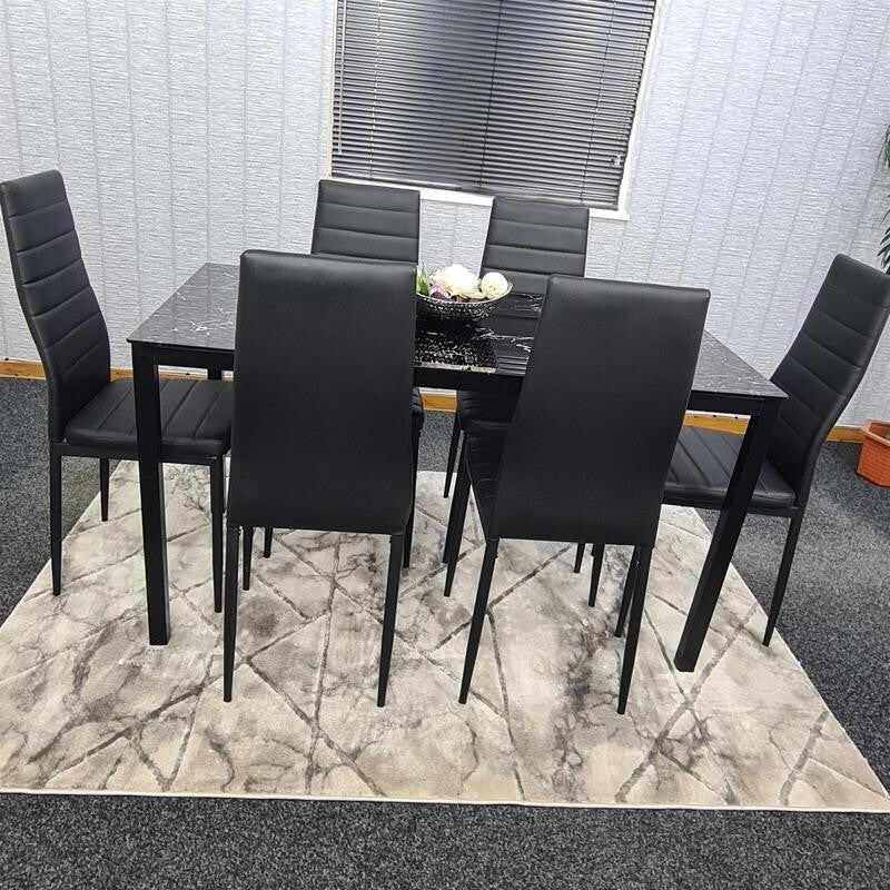 6 Seat Black Marble Effect Glass Dining Table & 6 Chairs Modern Set