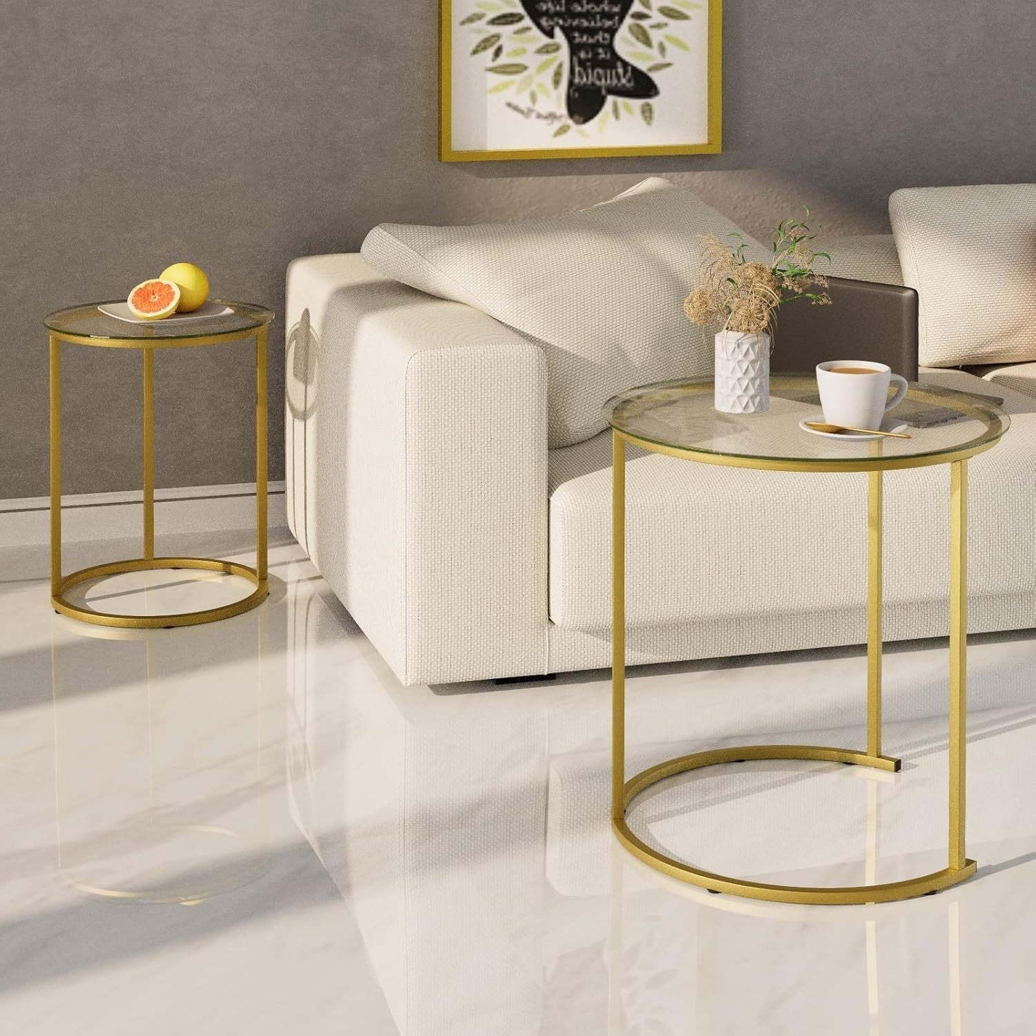 Space Saving Gold Nesting Coffee Table Set 2 Round Glass End Side Tables
