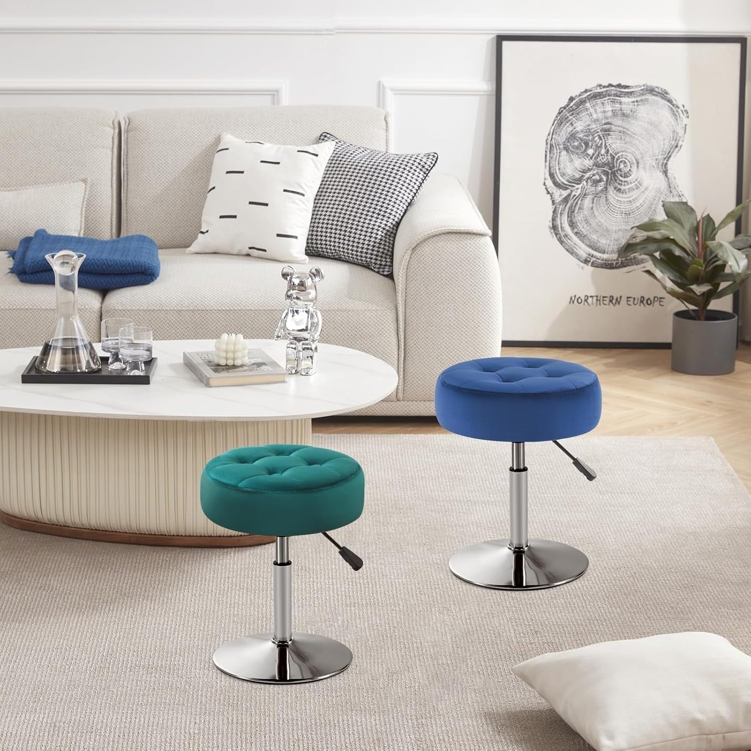 Teal Velvet Swivel Vanity Stool – Adjustable Tufted Round Makeup Chair Chrome