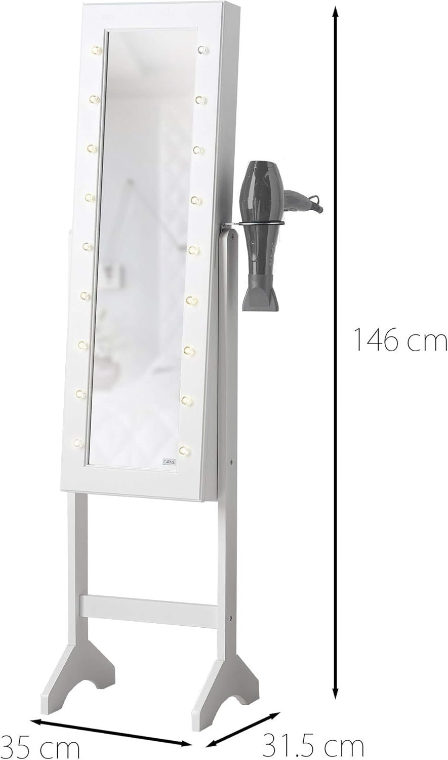 White LED Jewellery Cabinet Full Length Mirror with 6 Drawers Storage