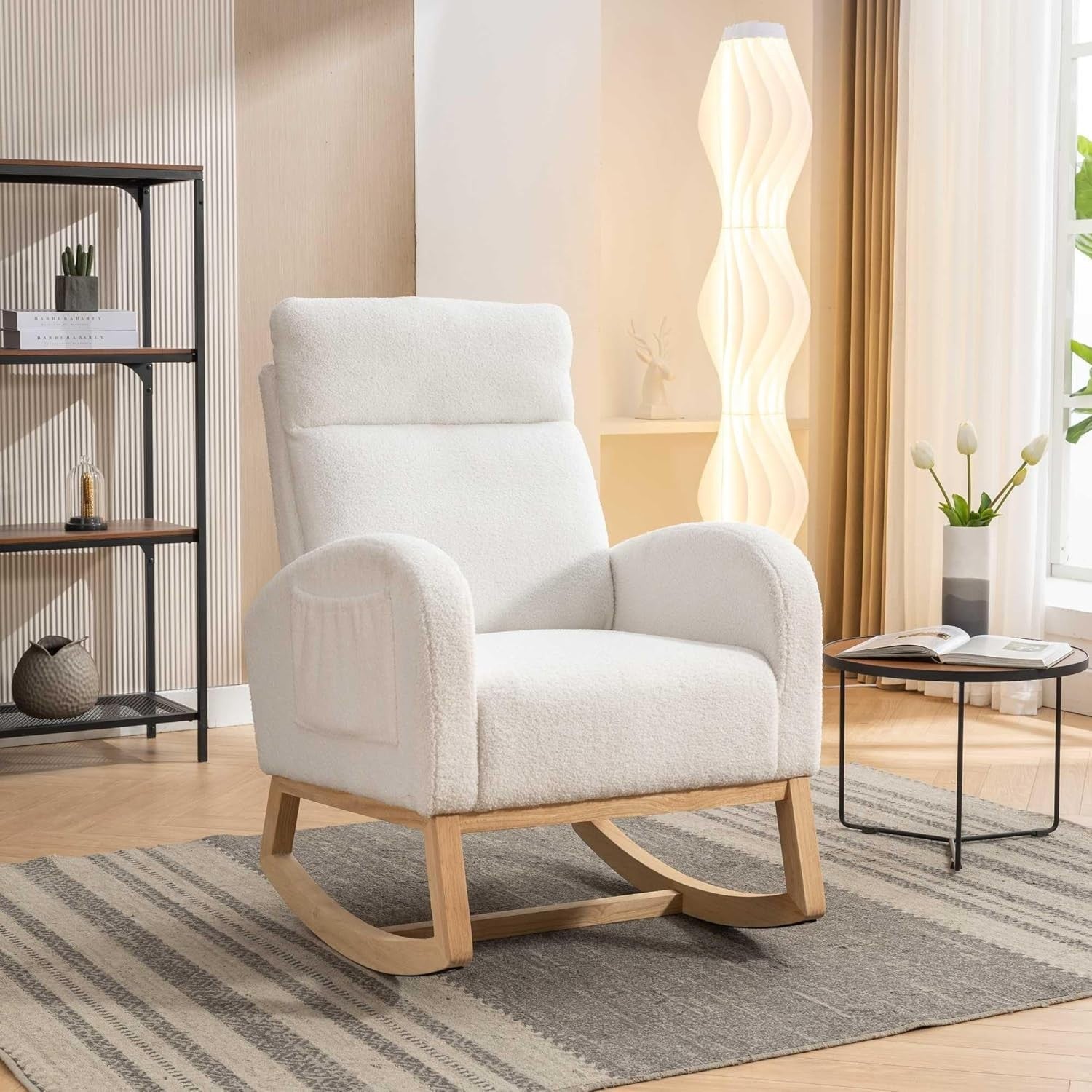 Modern Rocking Chair Teddy Fabric Foam Padded Armchair for Living Room