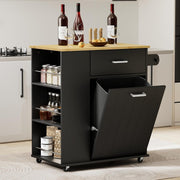 Black Rolling Kitchen Island with Tilt-Out Trash Bin, Spice Rack & Towel Bar