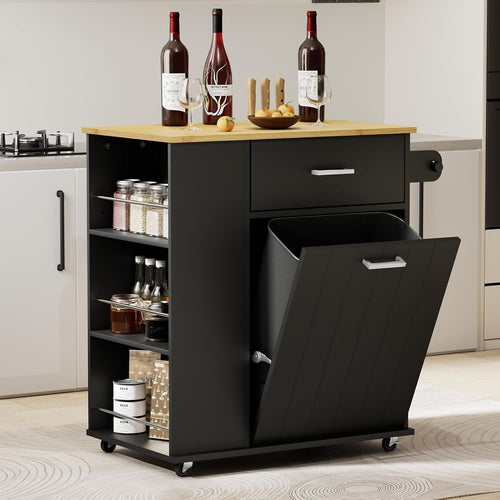 Black Rolling Kitchen Island with Tilt-Out Trash Bin, Spice Rack & Towel Bar