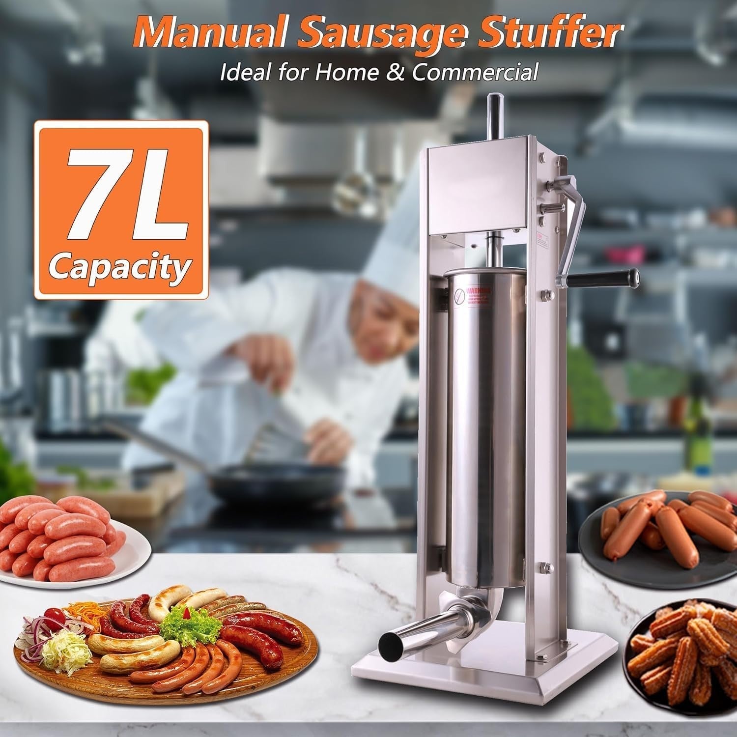 7L Manual Sausage Stuffer Stainless Steel Maker 4 Filling Nozzles