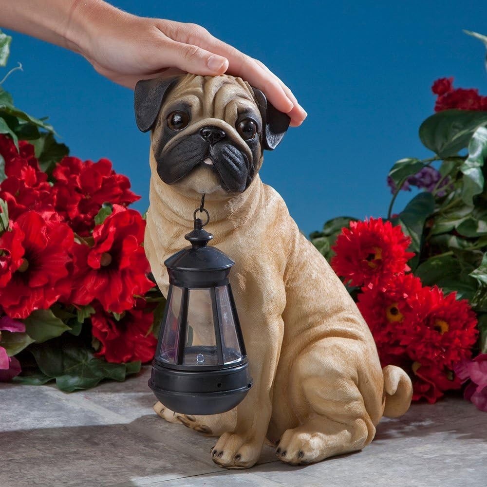 Fawn Pug Solar Lantern Statue Dog Garden Light Resin LED